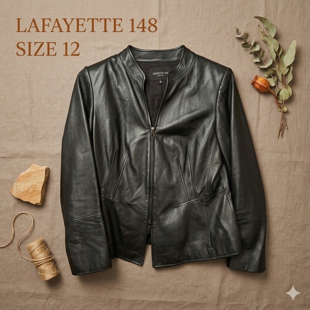 Lafayette 148 New York Metallic Green Leather Peplum Zip Jacket Womens 12